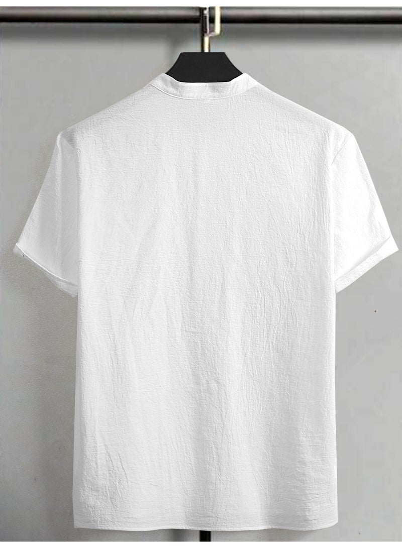 Men's White Short Sleeve Henley Shirt Band Collar Crinkle Texture Cotton Linen Blend Casual Top - Image 2